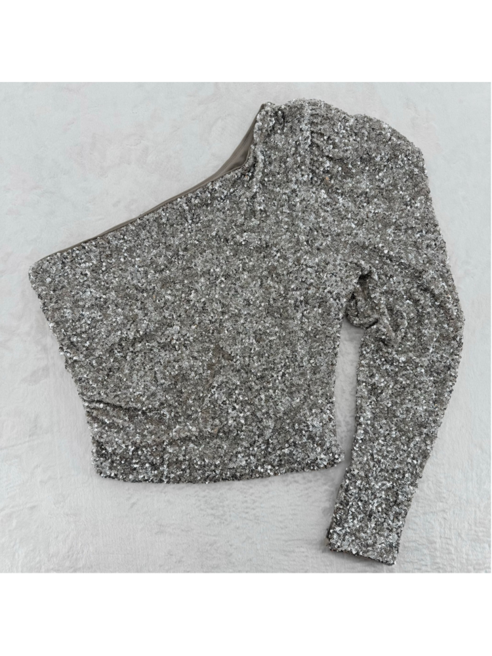 Express Sequined Silver 1 Shoulder Top 1 Long Sleeve Bodycon Shimmer Size Medium